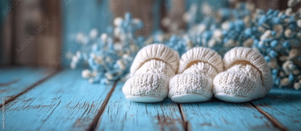 Baby girl booties and headband on blue wooden backdrop with decorative flowers suitable for text addition and artistic presentations. Baby girl booties and headband on blue wooden backdrop with decorative flowers suitable for text addition and artistic presentations.