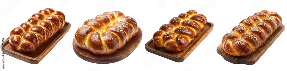 Fresh challah bread on a wooden tray, isolated on white background. Mix Collection PNG. Fresh challah bread on a wooden tray, isolated on white background. Mix Collection PNG.