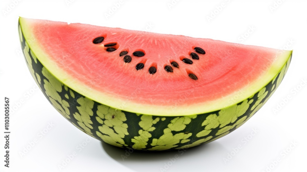 Ripe green striped watermelon half showcasing vibrant pink flesh and black seeds on a white background for text and image placement Ripe green striped watermelon half showcasing vibrant pink flesh and black seeds on a white background for text and image placement