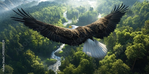 A vividly detailed depiction of a bald eagle soaring in the sky with its wings fully outstretched, flying gracefully above a lush forest and winding stream below. photo