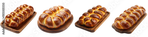 Fresh challah bread on a wooden tray, isolated on white background. Mix Collection PNG.