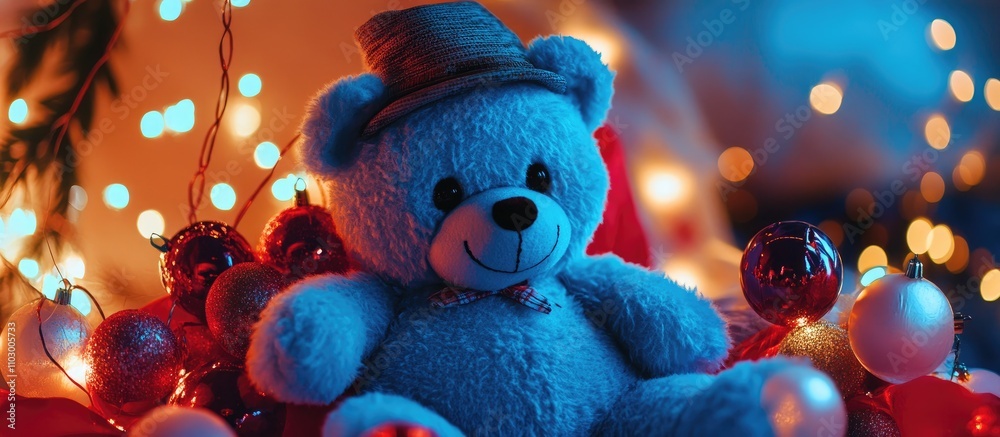custom made wallpaper toronto digitalBlue teddy bear wearing a hat surrounded by festive lights and decorations on a cheerful red and white backdrop for a holiday concept.