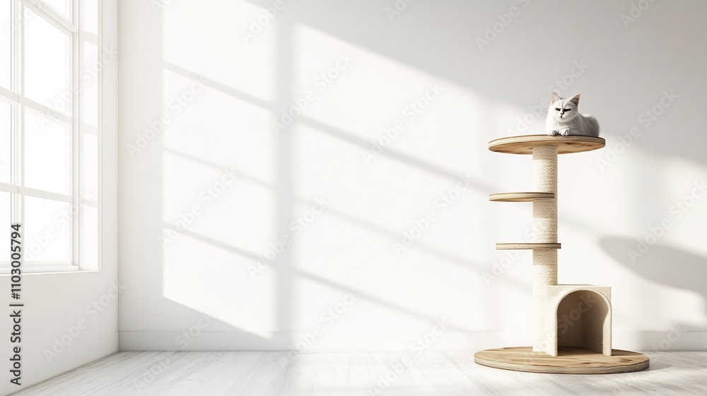 85.Realistic 3D Render of a Wooden Cat Tree in an Empty White Room: 85.Realistic 3D Render of a Wooden Cat Tree in an Empty White Room: