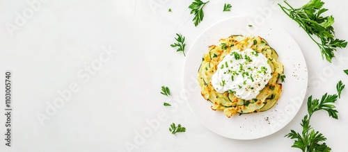 Delicious homemade latkes with potato zucchini onion topped with sour cream and chives served on a white background with space for text photo