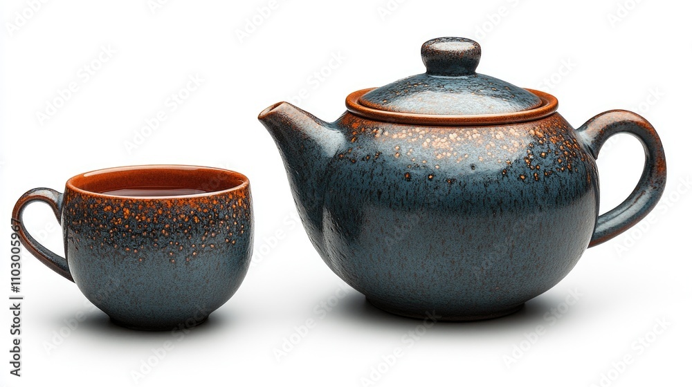 Elegant Asian tea set featuring a teapot and cup isolated on white background showcasing traditional ceramic design and calming colors