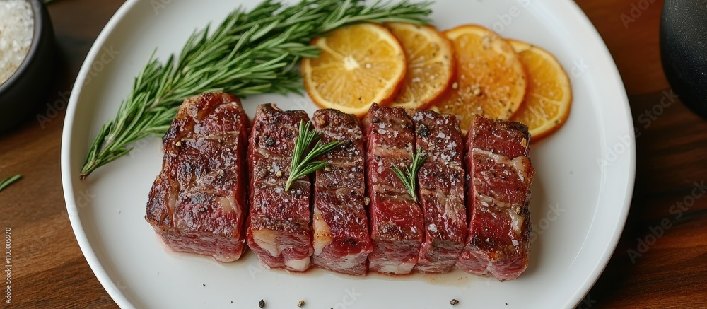 succulent meat chop served with citrus slices and rosemary on a white plate garnished with herbs and spices for an elegant presentation succulent meat chop served with citrus slices and rosemary on a white plate garnished with herbs and spices for an elegant presentation