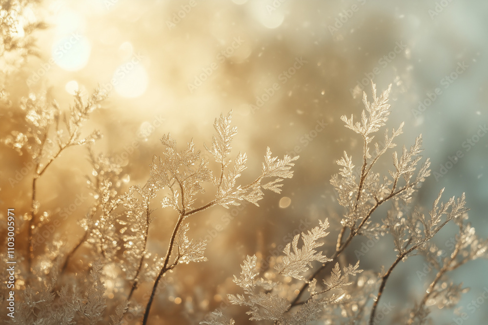 Obraz premium Frosted windowpane with delicate ice crystals, a subtle glow from soft golden light