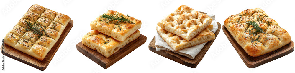 Fresh focaccia bread on a wooden tray, isolated on white background. Mix Collection PNG. Fresh focaccia bread on a wooden tray, isolated on white background. Mix Collection PNG.