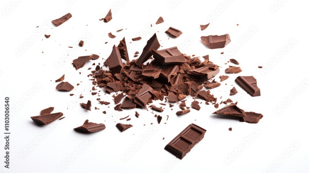 Levitating dark chocolate pieces and cocoa crumbs on a white background showcasing an explosion of chocolate fragments and flakes Levitating dark chocolate pieces and cocoa crumbs on a white background showcasing an explosion of chocolate fragments and flakes