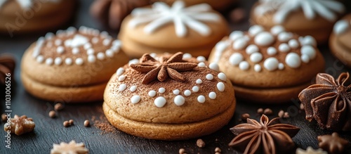 Delicious gingerbread cookies decorated with icing and spices on a rustic wooden background with assorted sweet treats.