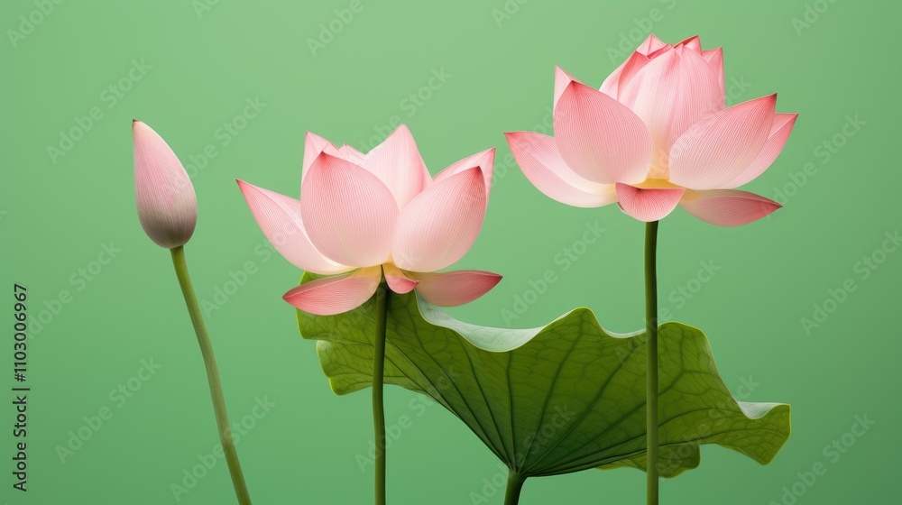 Pink lotus flowers with green backdrop showcasing beauty and elegance in nature's floral design. Ideal for wellness and serenity themes.