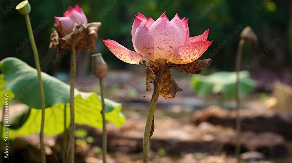 Withered lotus flower in a serene garden setting showcasing nature's beauty and resilience amidst decay. Withered lotus flower in a serene garden setting showcasing nature's beauty and resilience amidst decay.