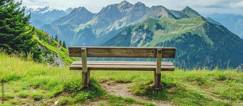 Scenic wooden bench overlooking majestic mountain range with lush greenery in the foreground ideal for relaxation and nature appreciation Scenic wooden bench overlooking majestic mountain range with lush greenery in the foreground ideal for relaxation and nature appreciation
