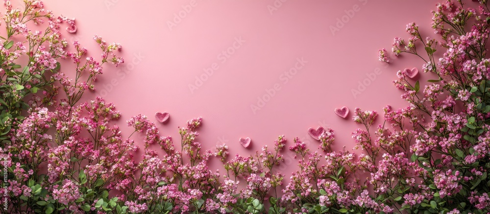 Romantic flat lay mockup with pink hearts and flowers on a pastel background ideal for holiday greetings and invitations. Romantic flat lay mockup with pink hearts and flowers on a pastel background ideal for holiday greetings and invitations.
