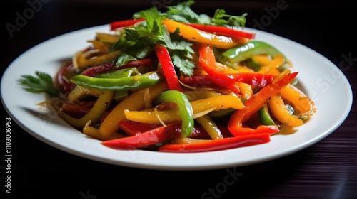 Colorful stir-fried sweet peppers in a dish garnished with fresh herbs showcasing vibrant vegetables perfect for healthy cooking.