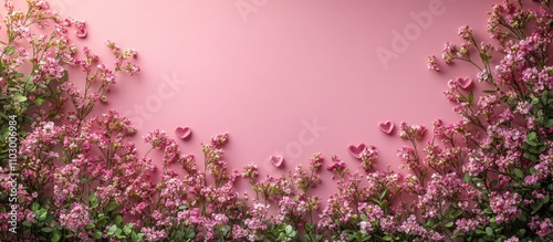 Romantic flat lay mockup with pink hearts and flowers on a pastel background ideal for holiday greetings and invitations.