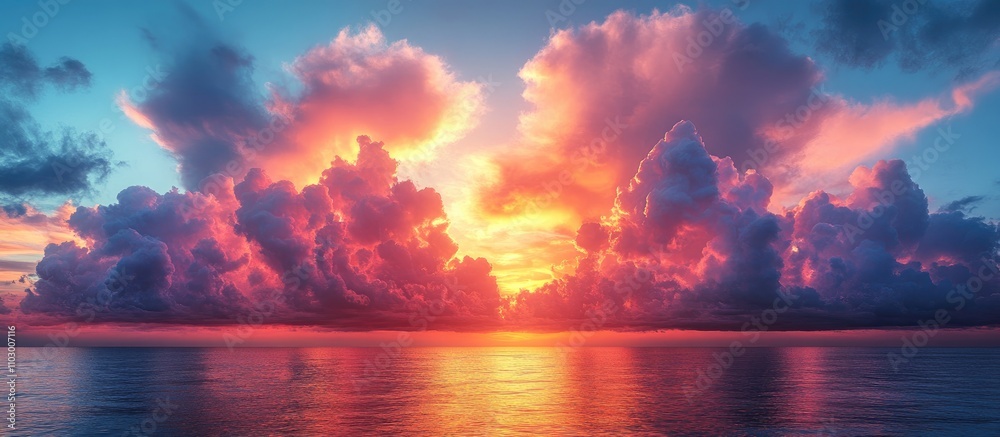Vibrant sunset with colorful clouds reflecting over the tranquil ocean creating a dreamy cotton candy effect Vibrant sunset with colorful clouds reflecting over the tranquil ocean creating a dreamy cotton candy effect