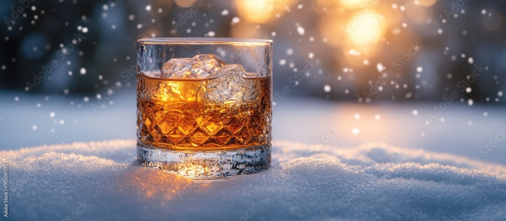 Warm whiskey glass in snowy landscape evoking cozy evenings by the fire during winter chill with snowflakes softly falling around it Warm whiskey glass in snowy landscape evoking cozy evenings by the fire during winter chill with snowflakes softly falling around it