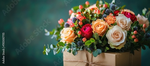 Elegant floral arrangement in a gift box on green background showcasing vibrant roses and seasonal greenery for special occasions. photo