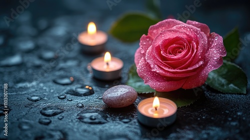 Pink rose with candles and therapy stones on a wet black background creating a serene and calming atmosphere for relaxation and wellness