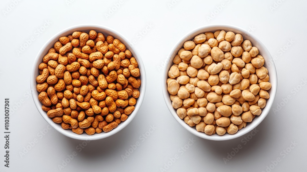 Peanuts in two bowls showcasing natural and roasted varieties on a clean white background Peanuts in two bowls showcasing natural and roasted varieties on a clean white background