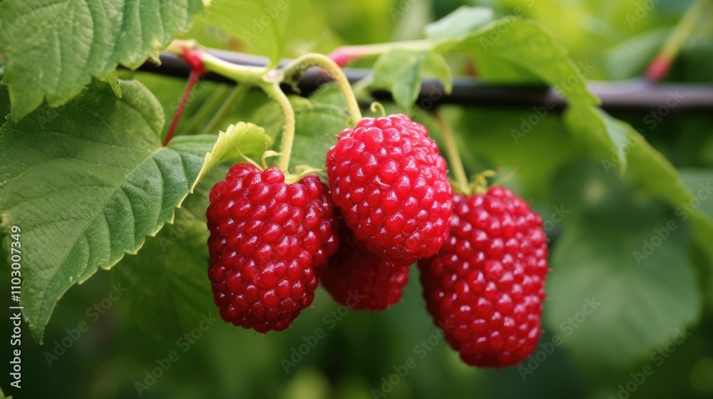 Ripe Raspberry Berries Hanging on Green Leaves in a Garden Setting Ripe Raspberry Berries Hanging on Green Leaves in a Garden Setting