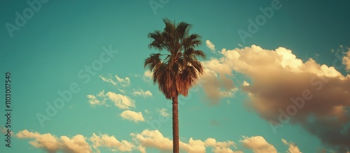 Lonely palm tree under a vibrant blue sky adorned with fluffy clouds creating a peaceful tropical vibe. photo