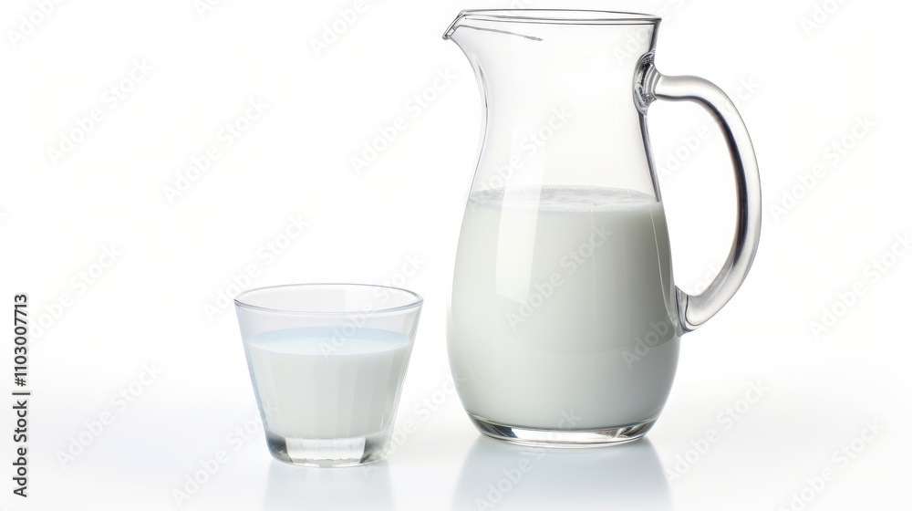 Fresh milk jug and glass on clean white background showcasing dairy products for healthy lifestyle and nutrition concepts Fresh milk jug and glass on clean white background showcasing dairy products for healthy lifestyle and nutrition concepts
