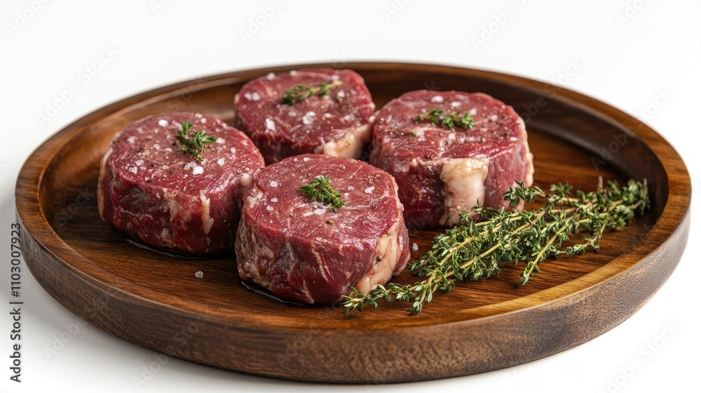 Fresh beef fillet chops seasoned with thyme on a wooden plate isolated on white background ideal for culinary or food photography projects Fresh beef fillet chops seasoned with thyme on a wooden plate isolated on white background ideal for culinary or food photography projects