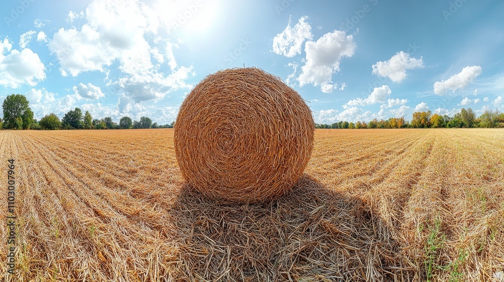 Spherical perspective of straw bales in a harvested summer field with a bright blue sky and fluffy clouds in the background Spherical perspective of straw bales in a harvested summer field with a bright blue sky and fluffy clouds in the background
