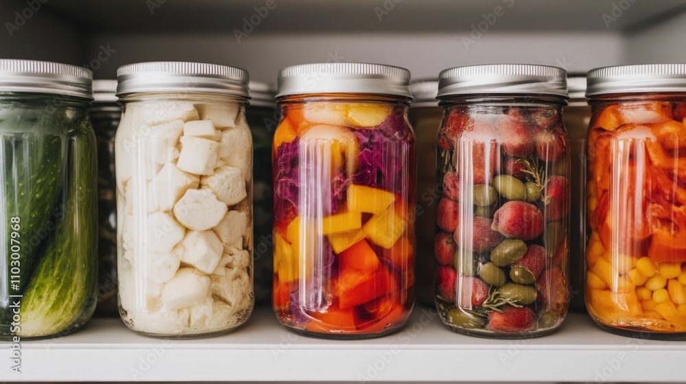 Organized fridge with glass jars and containers for efficient food storage and preservation reducing waste and promoting sustainability in the kitchen Organized fridge with glass jars and containers for efficient food storage and preservation reducing waste and promoting sustainability in the kitchen