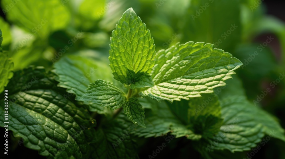 Vibrant green mint leaves with serrated edges and prominent veins showcasing natural texture against a softly blurred background Vibrant green mint leaves with serrated edges and prominent veins showcasing natural texture against a softly blurred background