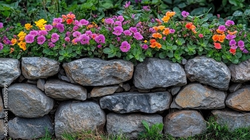 Flowering plants atop a natural stone wall in a vibrant garden setting showcasing colorful blossoms and textured stonework