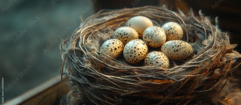 Quail eggs nestled in a natural nest with feathers on a rustic wooden background highlighting nature's beauty and tranquility.