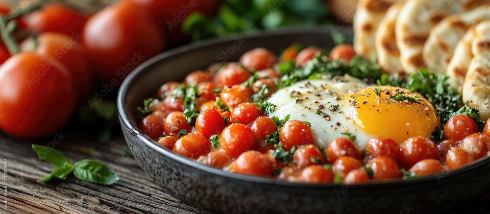 Mediterranean breakfast bowl with tomatoes, herbs, egg and flatbread on rustic wooden table Mediterranean breakfast bowl with tomatoes, herbs, egg and flatbread on rustic wooden table