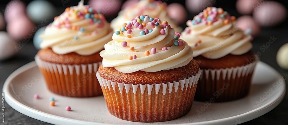 Easter themed cupcakes with colorful sprinkles on a white plate against a festive background of decorative eggs. Easter themed cupcakes with colorful sprinkles on a white plate against a festive background of decorative eggs.
