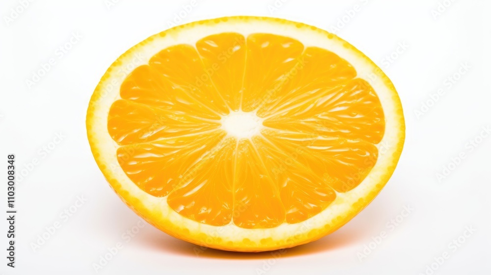 Freshly sliced orange half showcasing vibrant yellow hue and juicy texture against a clean white backdrop for healthy food and diet concepts Freshly sliced orange half showcasing vibrant yellow hue and juicy texture against a clean white backdrop for healthy food and diet concepts