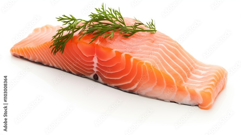 Salmon fillet with fresh herbs on a clean white background showcasing its texture and color for culinary or health-related themes Salmon fillet with fresh herbs on a clean white background showcasing its texture and color for culinary or health-related themes