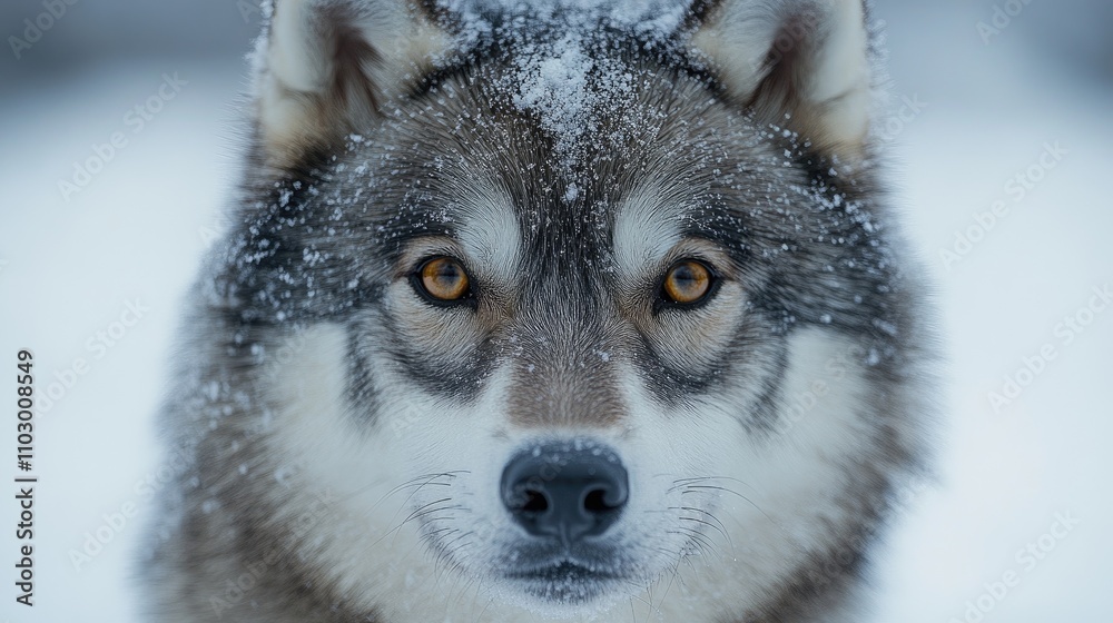 Siberian husky with captivating eyes and snowflakes on fur against a pristine white background showcasing winter beauty and charm Siberian husky with captivating eyes and snowflakes on fur against a pristine white background showcasing winter beauty and charm