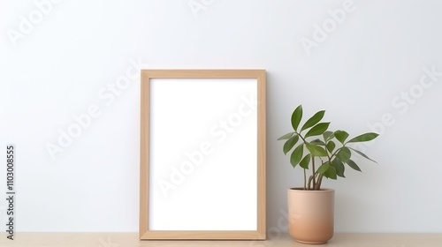 Minimalistic wooden photo frame mockup on a clean white background with a potted plant for modern interior design inspiration.