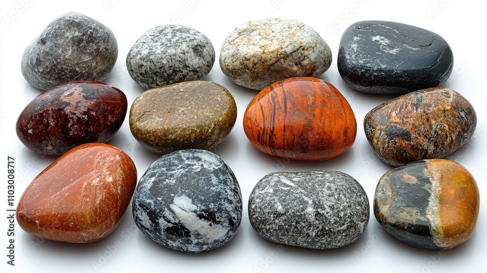 Various polished stones arranged on a clean white background showcasing diverse colors and textures ideal for natural design concepts. Various polished stones arranged on a clean white background showcasing diverse colors and textures ideal for natural design concepts.
