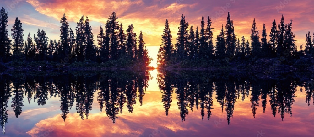 Majestic sunrise illuminating trees reflected on tranquil lake surface creating a serene natural landscape scene