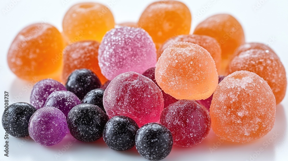 Colorful jelly gummy candies arranged artistically on a white background showcasing a variety of shapes and vibrant hues Colorful jelly gummy candies arranged artistically on a white background showcasing a variety of shapes and vibrant hues