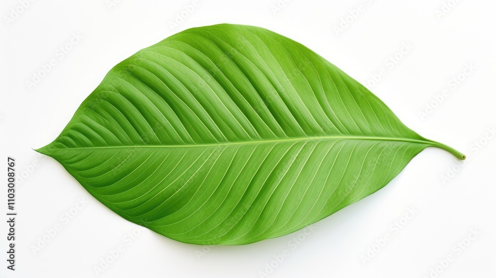 Obraz premium Decorative large green leaf isolated on a clean white background showcasing natural texture and vibrant color for design projects.