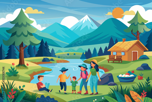 A vibrant illustration of a family enjoying a picturesque mountain vacation.
