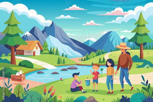 A cheerful illustration depicts a family of four enjoying a picturesque mountain setting.