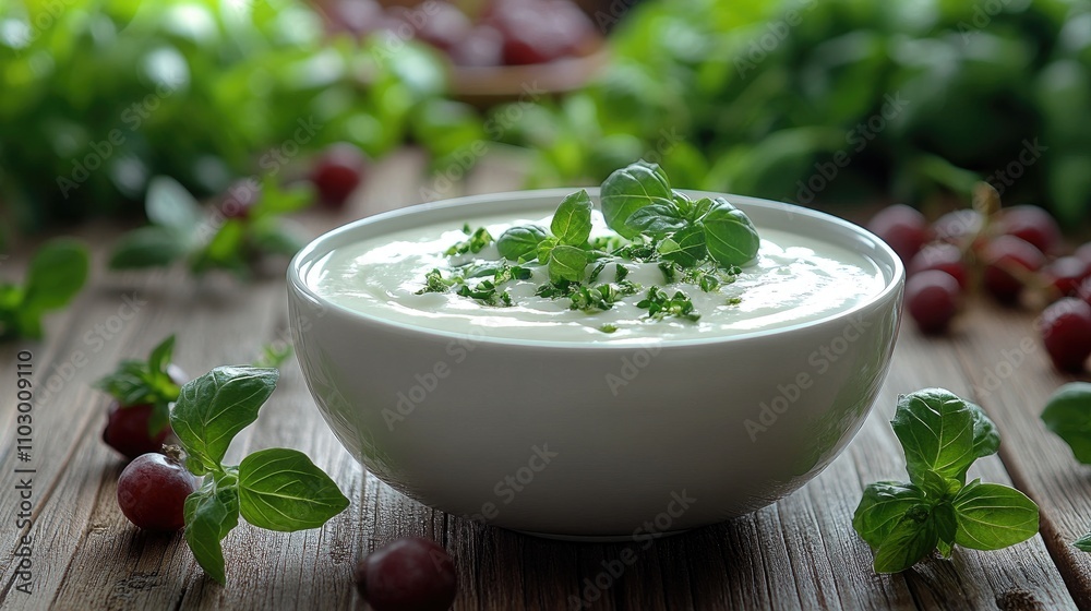 Creamy Greek yogurt topped with fresh herbs served in a white bowl surrounded by greens and berries on a wooden table backdrop. Creamy Greek yogurt topped with fresh herbs served in a white bowl surrounded by greens and berries on a wooden table backdrop.