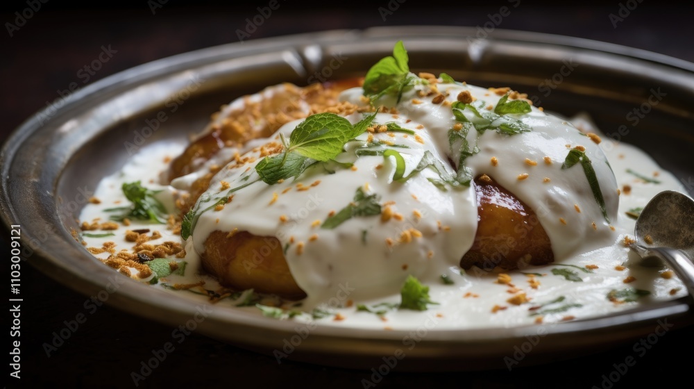 Fried Indian dahi served with herbs and garnishes in a traditional metal plate with selective focus on the creamy texture and presentation Fried Indian dahi served with herbs and garnishes in a traditional metal plate with selective focus on the creamy texture and presentation