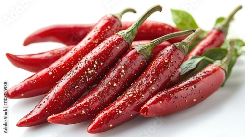 Vibrant dry red chili peppers arranged artfully on a clean white background showcasing their rich color and texture for culinary use