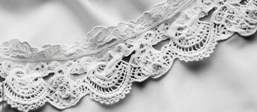 Obraz premium Elegant white wedding dress lace trim showcasing intricate floral patterns and delicate craftsmanship on satin fabric.